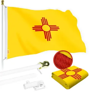 G128 Combo Pack: 5 Ft Tangle Free Spinning Flagpole (White) & New Mexico Flag 2.5x4 Ft Embroidered 220GSM Spun Polyester, Brass Grommets (Flag Included) Aluminum Flag Pole
