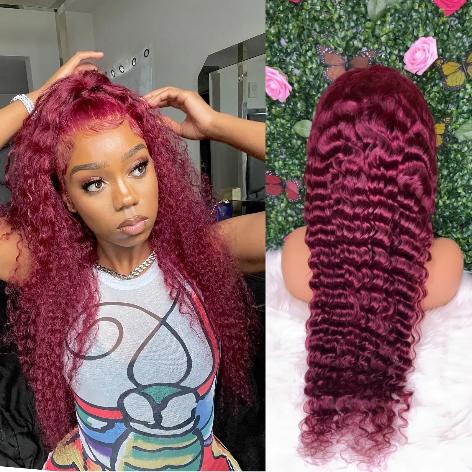 Bling Hair Red Burgundy 13x6 Lace Wig Deep Wave 99J 13x6 13x4 Lace Frontal Wig Human Hair Wigs Kinky Curly For Women Pre Plucked Red Curly Hair #DealsForYouDays