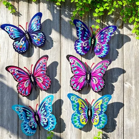 Colorful Pink & Blue Butterfly Design Wall Art Decor, 6 Counts/set Modern Cute Hanging Garden Patio Decoration, Iron Fence Yard Exterior Wall Ornaments, Suitable for Outdoor & Home Use