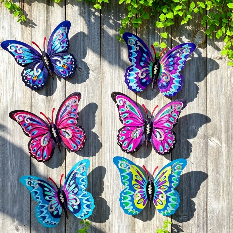 Colorful Pink & Blue Butterfly Design Wall Art Decor, 6 Counts/set Modern Cute Hanging Garden Patio Decoration, Iron Fence Yard Exterior Wall Ornaments, Suitable for Outdoor & Home Use