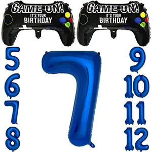 Navy Blue Video Game Party Supplies Boys 7th Birthday Party Decorations- 2 Packs Game On Balloons with Dark Blue Number 7 Balloon