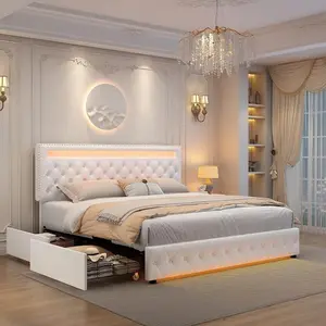 LED Bed Frame King Size with Storage Drawers, Upholstered Modern Platform Bed, RGB Lights, No Box Spring Needed, Perfect Gift Adjustable Headboard