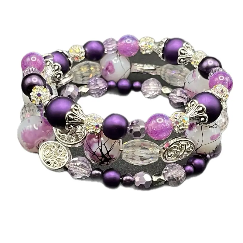 Purple Passion Memory Wire Bracelet with Purple Beads and Sparkling Accents