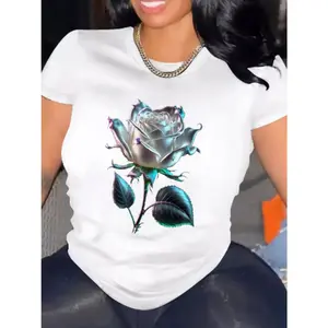 Womens Graphic Tee Y2K Rose Print Short Sleeve Crewneck Cute Soft Stretch Fitted Tshirt Streetwear Casual Summer Top For Going Out And Everyday