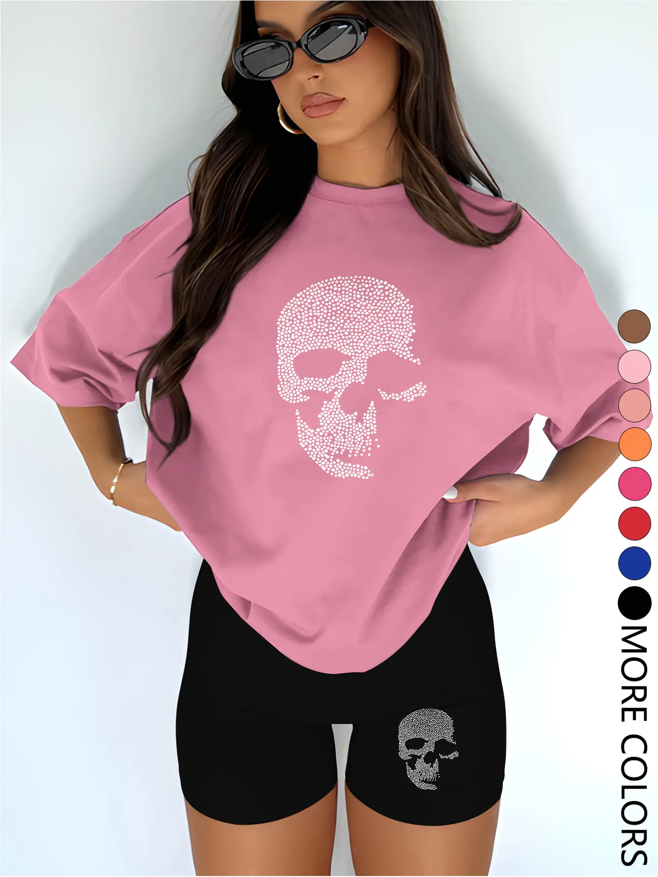 Women's Summer Skull Print Casual Set, Short Sleeve Top & Shorts Two-Piece, Loose-Fit Oversized Round Neck Tee, Perfect for Daily Wear, Baggy Set, Clothing Sets, Outfit, Womenswear, Clothes, Fabric
