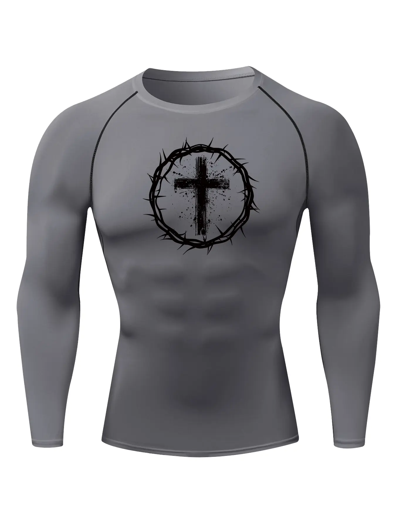 Men's Thorn Cross Graphic Print Long Sleeve Compression Shirt, Gym Workout Fitness Training Running Tight-Fit T-Shirt, Athletic Quick-Dry Elastic Baselayers Undershirts Top, Spring & Fall Sportswear