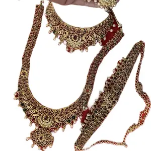 Women's Gold-Colored Traditional South Indian Temple Jewelry Set, Including Rani Haar Necklace, Earrings & Belt, Ethnic-Inspired Jewelry Set, Ethnic-Inspired Jewelry Sets, Gold-Colored Jewelry Sets