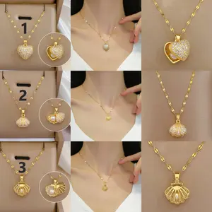 Exquisite Stainless Steel Micro-Inlaid Zirconia Heart/Clam Pearl Pendant Necklace