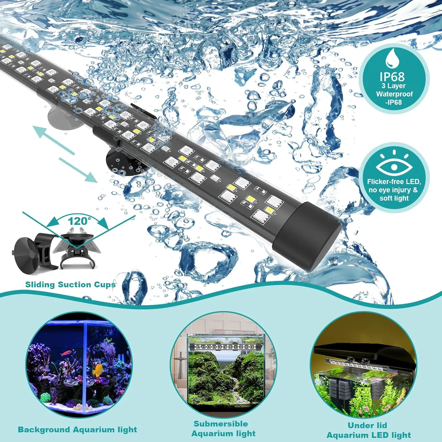 Seaoura Aquarium LED Light (US Plug, 26.8in) – Fits 28-54in Fish Tanks, 20v, Full Spectrum, 24/7 Auto Natural Day-Night Cycle, IP68 Waterproof, Timer & Brightness Control (10 Dimmable Levels, 5 Timer Modes:4,6,8,10,12 Hours), Background Light, 10 Dimmable