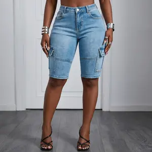 Women's high waisted stretch denim shorts - slim fit washed blue workwear pocket with stitched details, suitable for street style casual mid length shorts for spring and summer outings