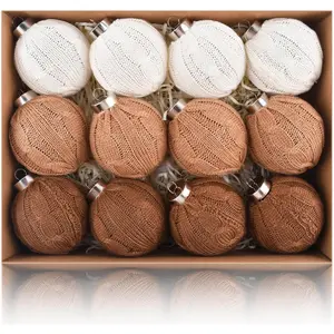 Neutral Christmas Ornaments for Tree Decorations - Large 3.15 inch Shatterproof Christmas Balls Set for Winter Holiday - Crochet Brown Xmas Bulbs Bulk for Rustic Farmhouse Decor - 80mm Pack of 12