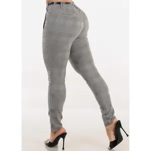 Butt lift Mid Rise Plaid Stretch Skinny Pants Brown w Belt