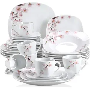 VEWEET Annie Porcelain Dinnerware Set for 6, 30-Piece Pink Floral Design Includes Dinner Dessert Soup Plates Bowls Cups & Saucers