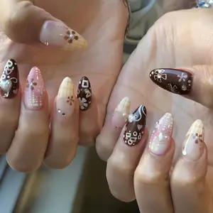 Soft Girl Perfect Glam Set Nails 2026, Brown French Tip & Pearl Press On Nails Design
