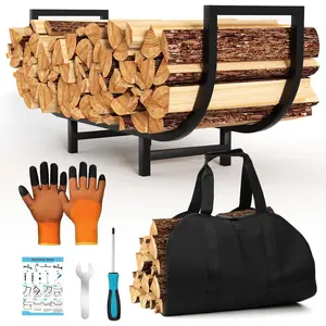 Firewood Rack Indoor with Log 34Inch Fireplace Wood Holder, Black Firewood Organizer Stable Wood Rack Log Holder for Fireplace Deck, Wooden Tool