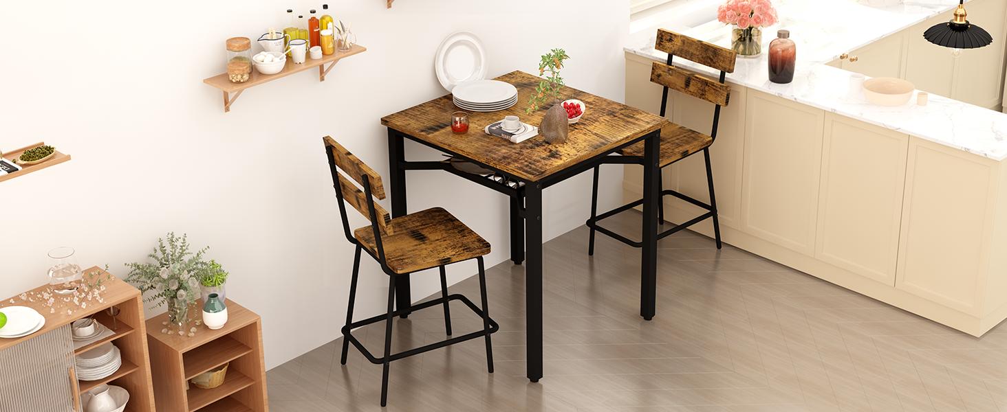 DKLGG 3 Piece Bar Table and Chairs Set, Counter Height Small Dining Table with 2 Bar Stools, Farmhouse Square Kitchen Table with Storage for Bistro, Pub, Small Space