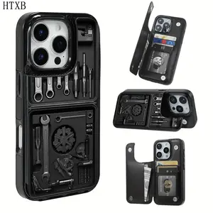 A leather card case phone case with creative repair tool wrench pattern, suitable for iPhone 17 Air/16 Plus/15 Pro Max/14 Pro/13/12/11/XS Max/X phone case, perfect gift choice for family, friends, lover, boyfriend, girlfriend during festivals KBPK15