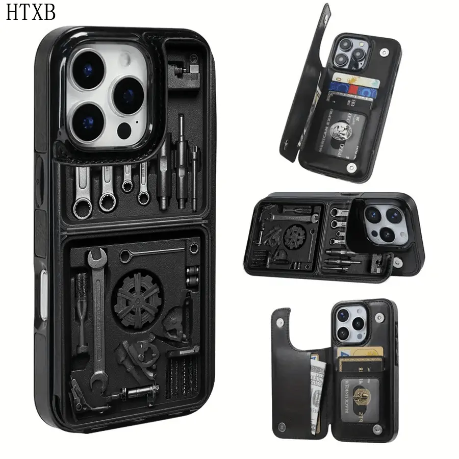 A leather card case phone case with creative repair tool wrench pattern, suitable for iPhone 17 Air/16 Plus/15 Pro Max/14 Pro/13/12/11/XS Max/X phone case, perfect gift choice for family, friends, lover, boyfriend, girlfriend during festivals KBPK15