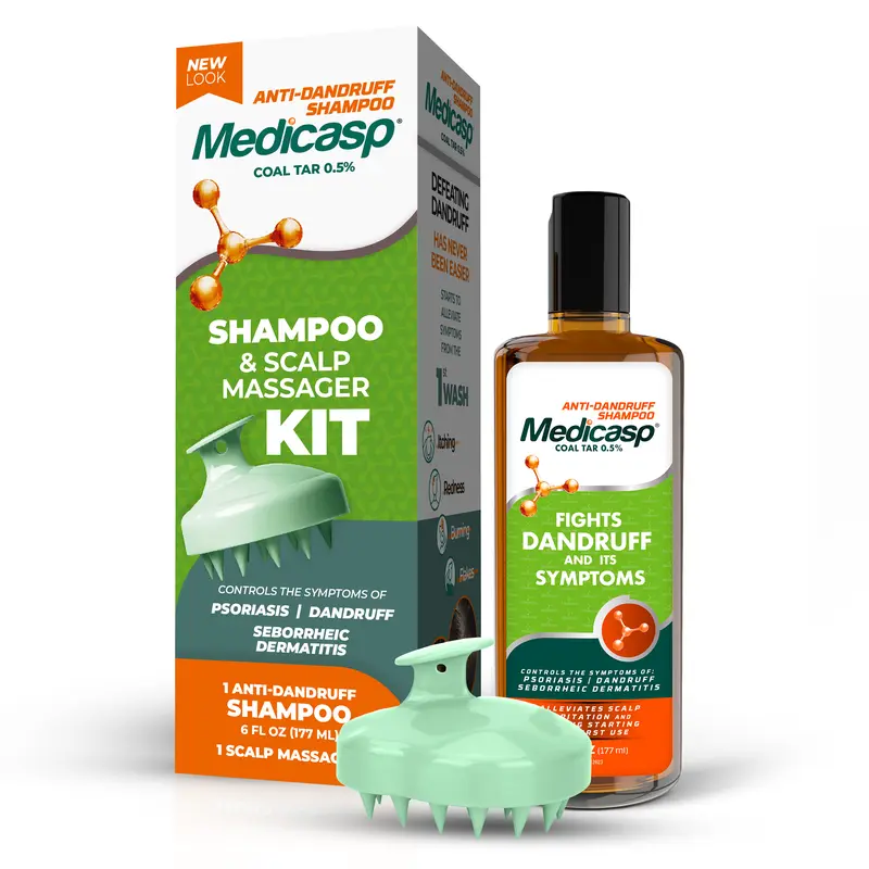 Medicasp Coal Tar Gel Anti-Dandruff Anti-Itch Shampoo, 0.5% Coal Tar Medicated Dual-Action Cleanser, 6oz Unisex Hair Care with Relaxing Scalp Massager, Dandruff & Itch Relief (1 Pack)