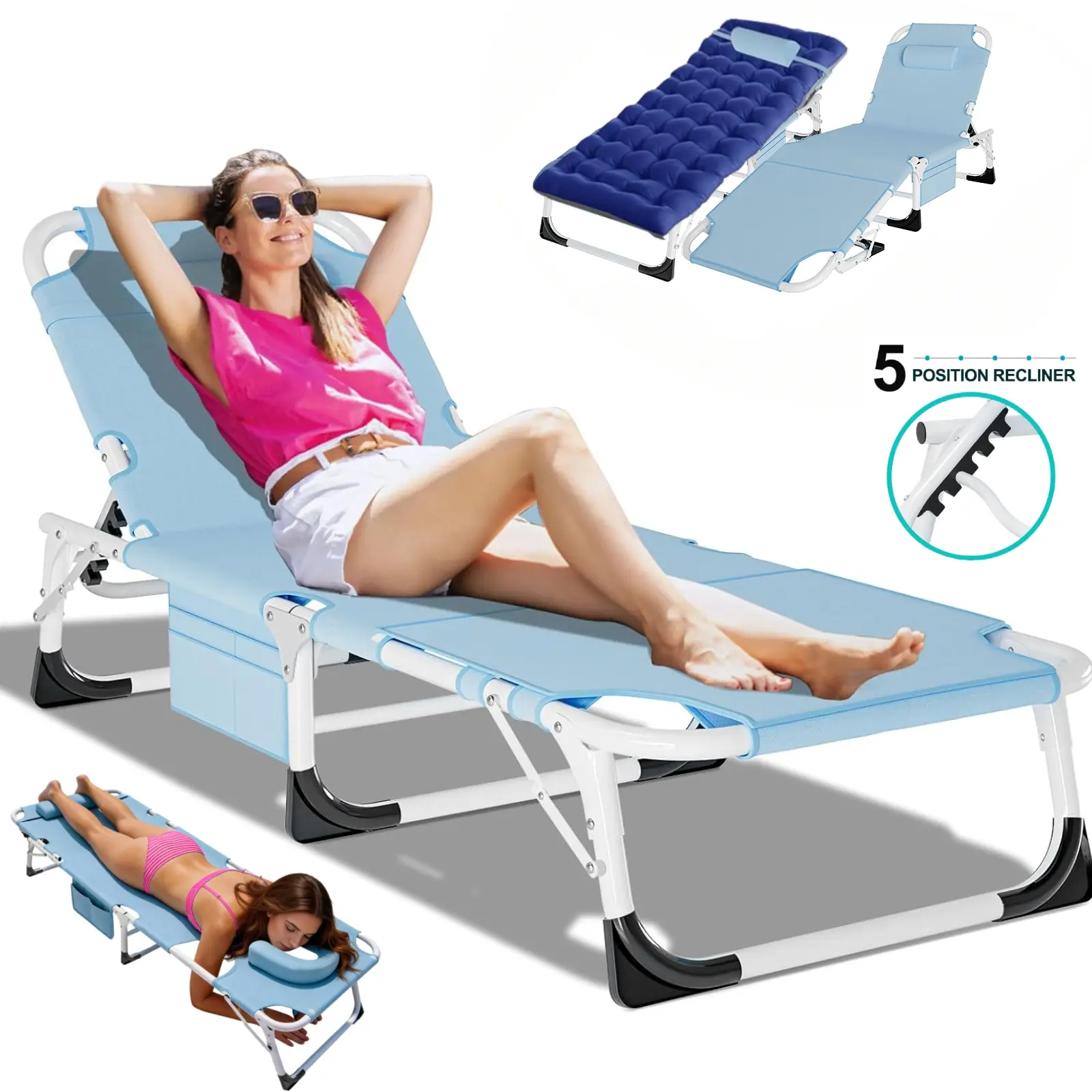 DoCred Oversized Outdoor Lounge Folding Reclining Beach Chair with 5-Position Adjustable Positions & Face Hole & Mat, Heavy Duty Folding Chaise Poolside Lounge Chair for Indoor, Outdoor Sunbathing, Lawn, Patio, Camping essentials, Beach
