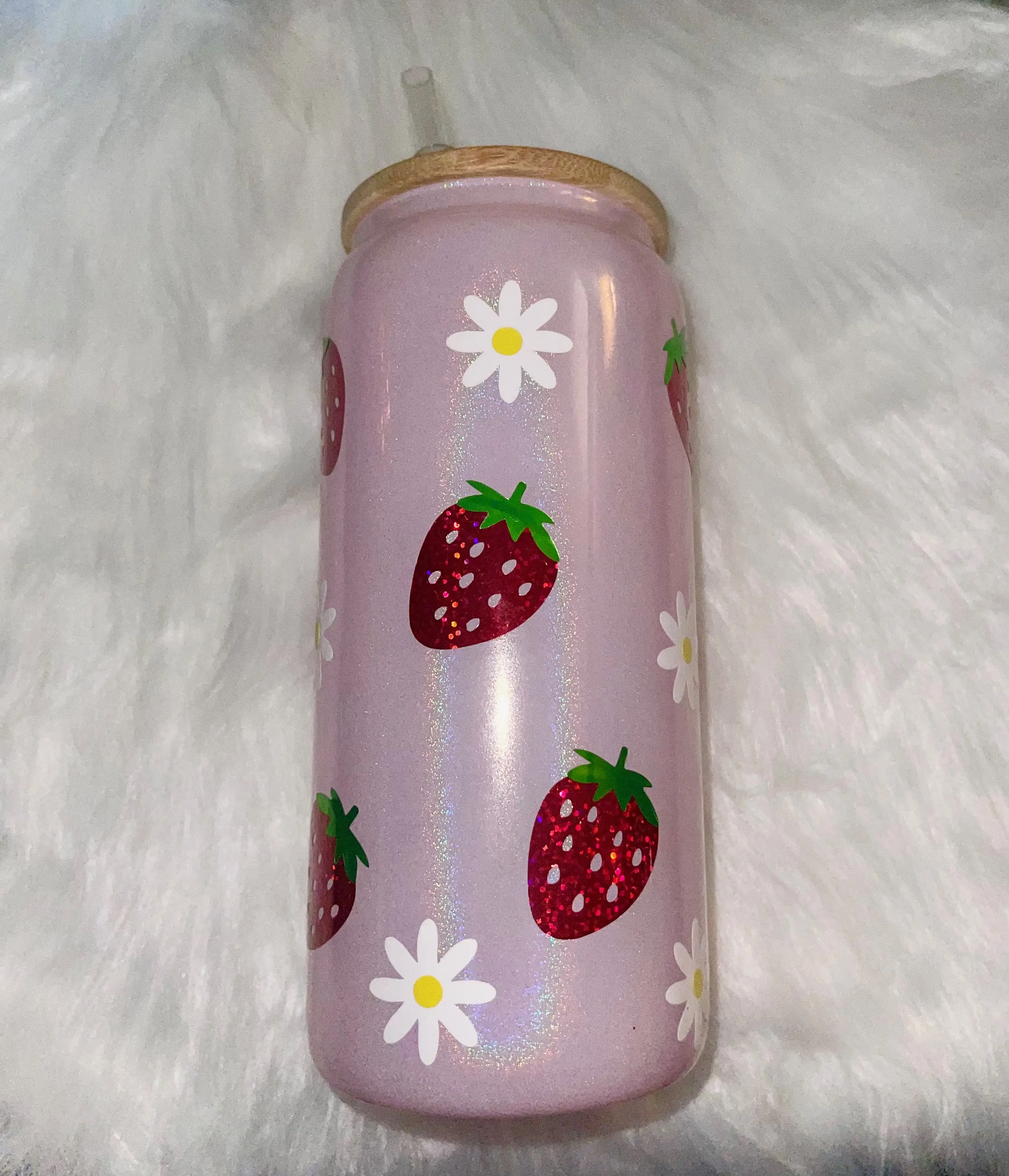 Strawberry Glass Beer Can with Color Changing Daises