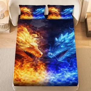 3Pcs Fire Ice Dragon Fitted Sheet Three Piece Set (1*Fitted Sheet+2*Pillowcases, Coreless), Fantasy theme, Mythical Bedding Set, Mattress protector Soft, Breathable