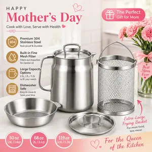 304 Stainless Steel Deep Fryer Pot with Basket & Strainer, Large Capacity Bacon Grease Container for Kitchen,Frying, Cooking, Camping,Oil Filter Container - Dishwasher Safe