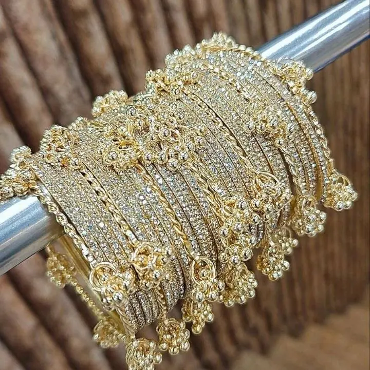 Kashmiri Ghungroo Bangles 8 Set with Gold Accents Metal Bangles 24 Dangling Charms for Women's Fashion Jewelry Total 32 Pieces Size 2.4 2.6 2.8