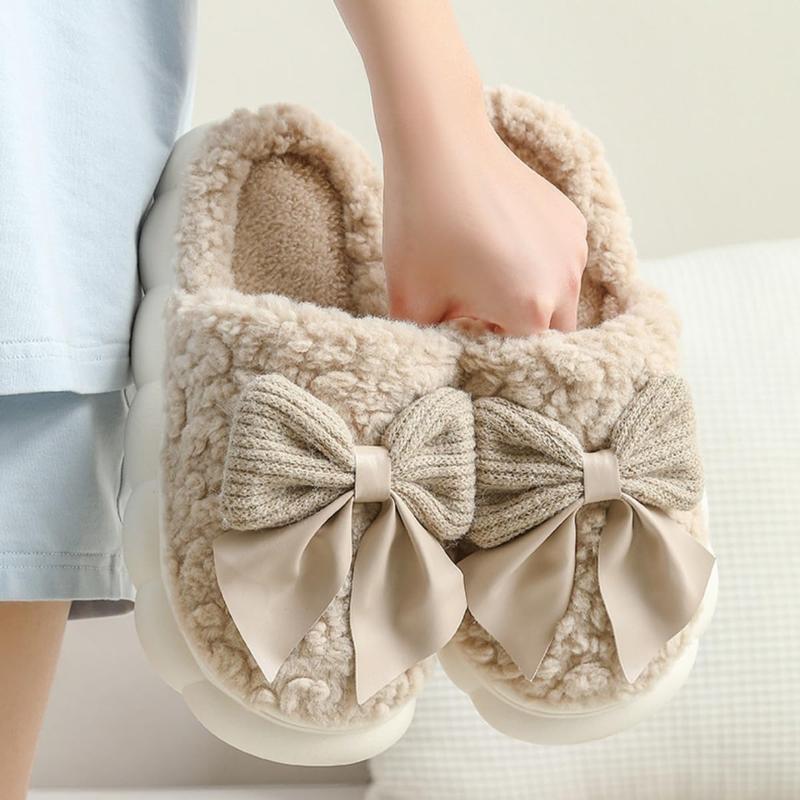 Women’s Bow Slipper Shoes – Warm Indoor House Slippers with Non-Slip Thick Sole, Cozy Soft Plush Lining, Winter Home Shoes for Bedroom, Office, & Living Room Comfort