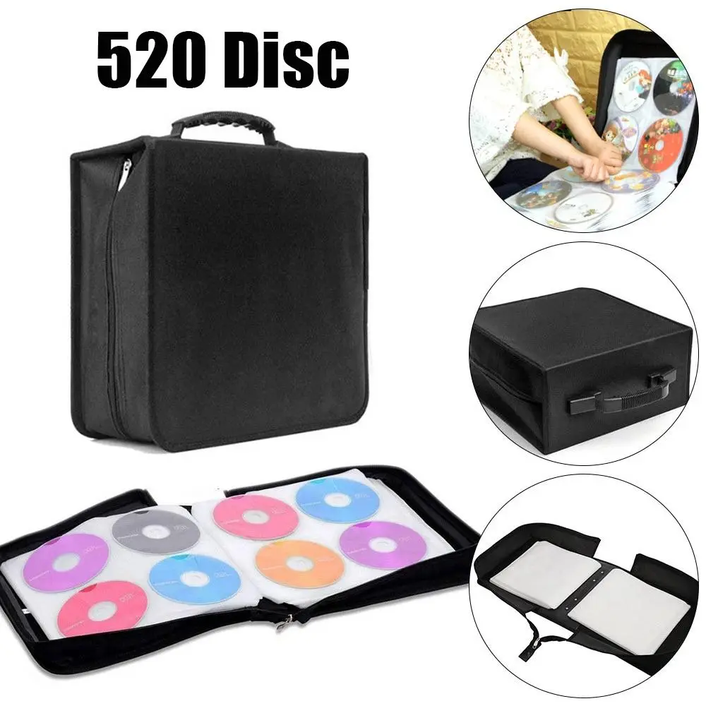 Large Capacity 520 CD DVD Storage Case Bag, Black PU Leather Wallet Holder, Zipper Design, Protects Discs from Dust Scratches, Ideal for Home & Travel Use
