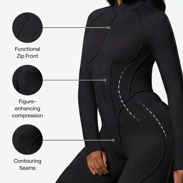 BetterMe Women's Full-Length Athletic Catsuit - Long Sleeve, Breathable, Compression Fabric Sportswear Jumpsuit with Shaping Tight Fit, Open Back, Polyester Blend Stretch Jumpsuit for Yoga Gym