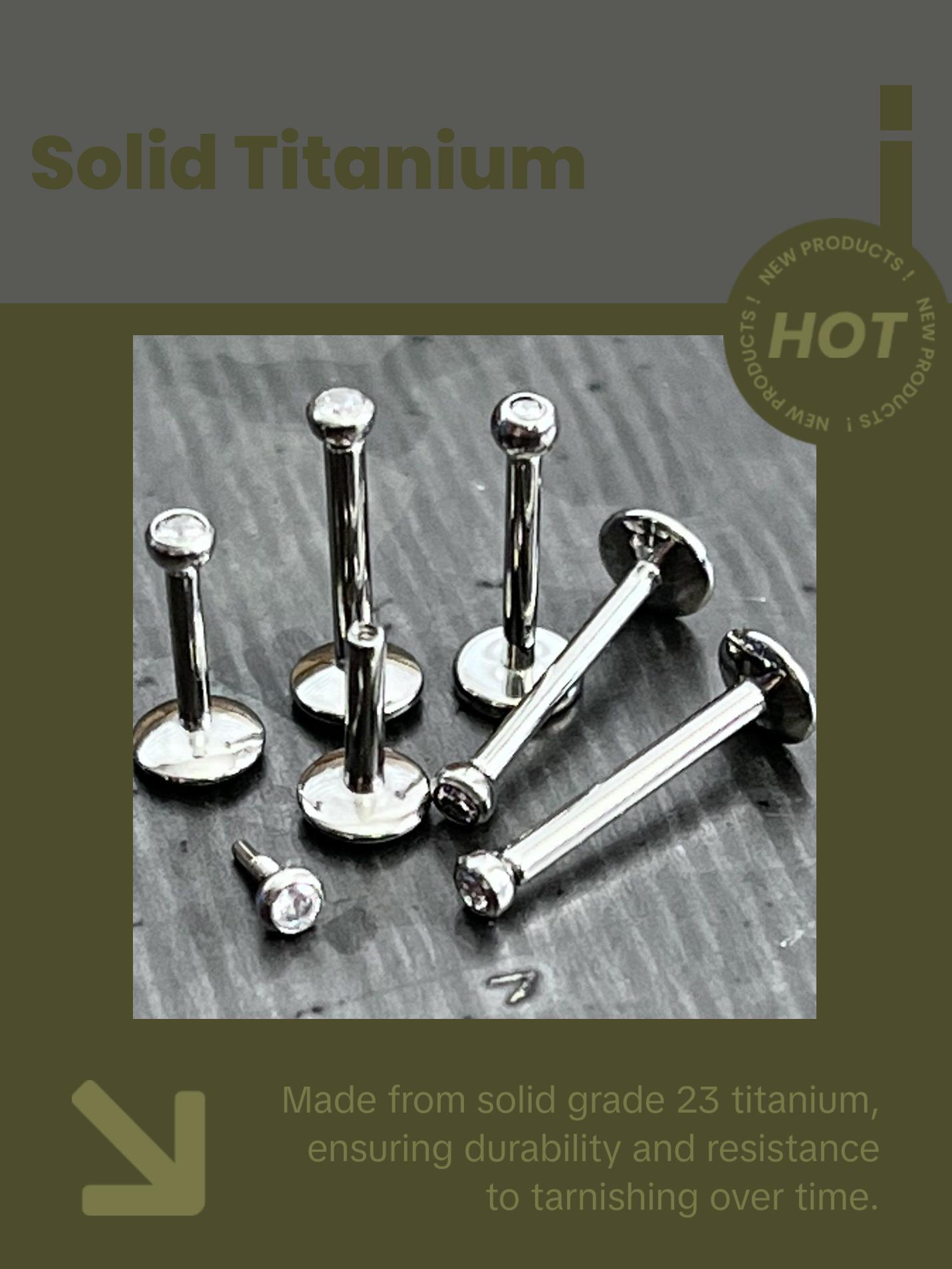 1 Piece of Internally Threaded Solid Titanium Bezel Gem Labret Stud Lip Ring - 16g or 18g - Gem Size: 2 or 3mm - Lengths - 6mm, 8mm or 10mm!