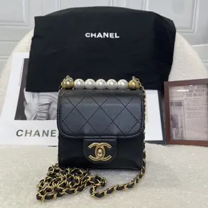 Pre-owned CHANEL Mini Square Pearl Flap Bag, Black Quilted Goatskin with Aged Gold Hardware (2019) 29396481 HK