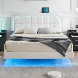 Queen Floating Bed Frame With Upholstered Headboard-RGB LED Lights-No Box Spring Needed-Easy Assembly-White