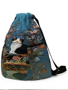1 piece of flower cat and floral pattern 2D printed drawstring backpack - large capacity durable fitness bag, with adjustable shoulder straps, suitable for both men and women, essential for travel, hiking, camping