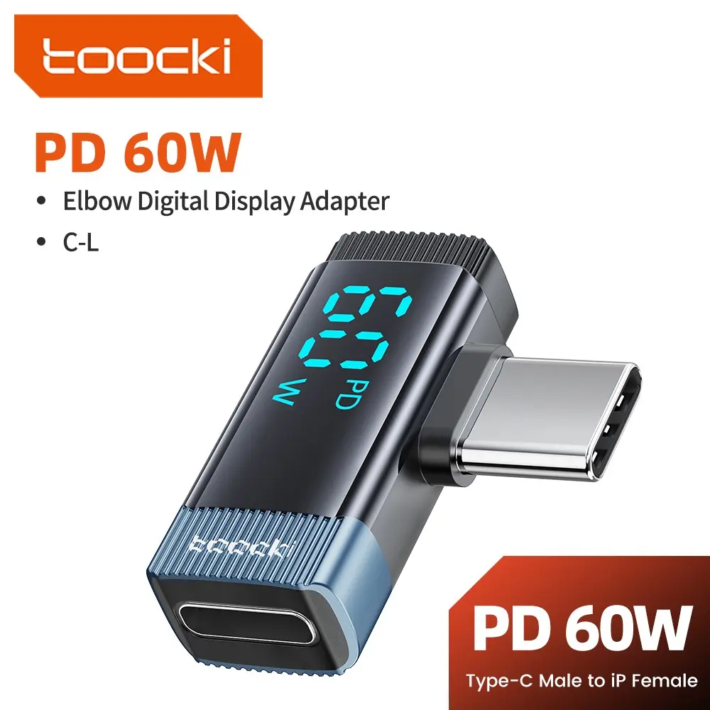 Toocki PD 60W Fast Charging Type C Male To Lightning Female Adapter 90° Elbow Digital Display Adapter Type-C OTG Connector For iPhone 14 13 12 Pro Max Tablets Game Consoles