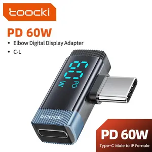 Toocki PD 60W Fast Charging Type C Male To Lightning Female Adapter 90° Elbow Digital Display Adapter Type-C OTG Connector For iPhone 14 13 12 Pro Max Tablets Game Consoles