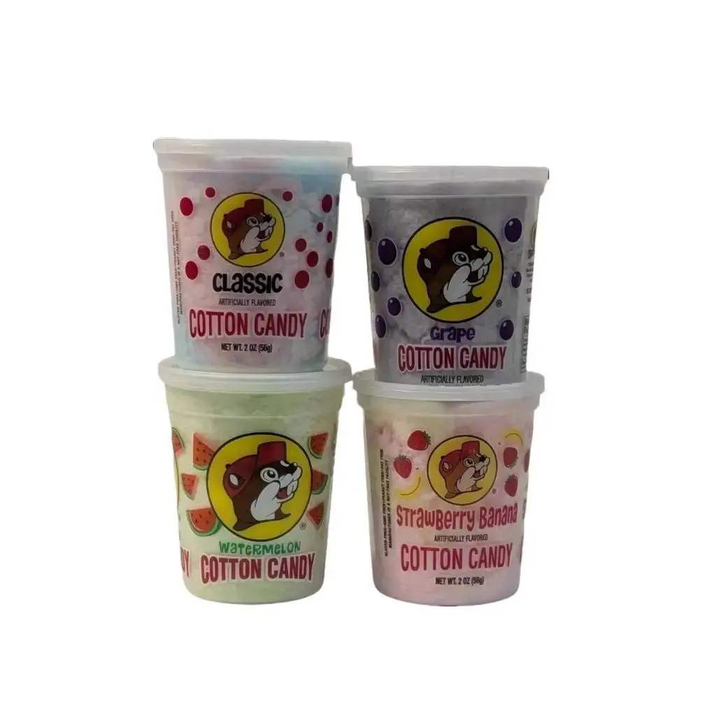 Buc-ee's Sweet 4-Flavor Cotton Candy Snack Candies - Classic Grape, Watermelon, Strawberry, Banana - Soft Airy Texture, Freshly Packed Resealable Tub