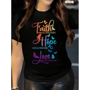 Elegant Butterfly and Letter Design Crew Neck T Shirt Casual Short Sleeve Tops Perfect for Spring and Summer Women Apparel