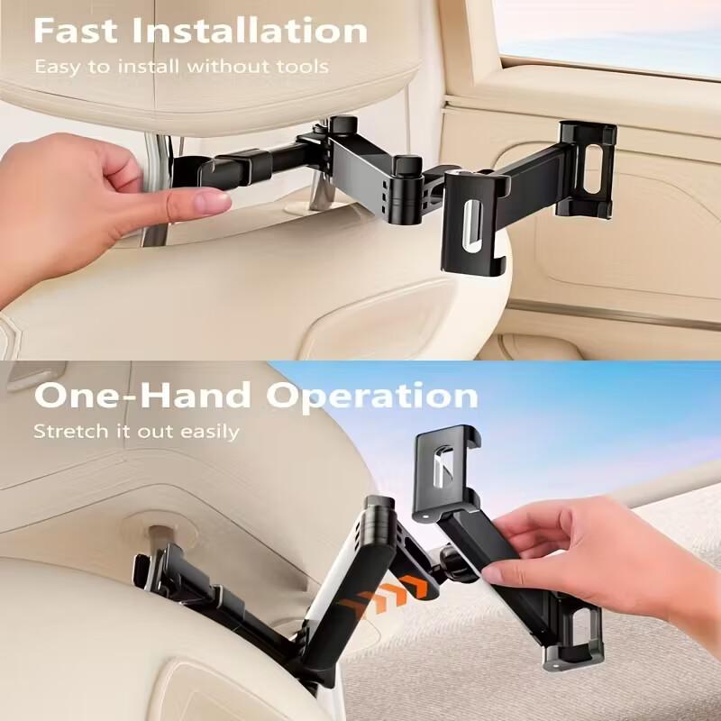 3In1 Car Headrest Tablet Holder for iPad/Phones, 360° Rotating Adjustable Trip Essentials, Black Color, ABS Material, Universal Fit for 4.7-11 Inch Devices, Easy Installation