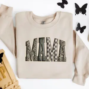 MAMA Sweatshirt Vintage Patchwork Letter Print Neutral Cozy Pullover for Mom Cute Aesthetic Women's Clothes TikTok Shop US Gift Idea Unisex Crewneck Fleece Lined