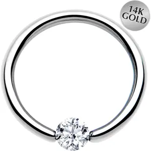 16 Gauge 3/8 Solid 14k White Gold 3mm Clear Cubic Zirconia Tension Captive Ring