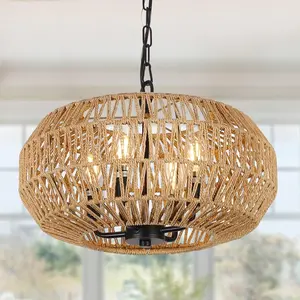 YYDS Farmhouse Rattan Pendant Lights, 15.7" 4-Light Boho Chandelier Light Fixture, Wicker Hand Woven Basket Pendant Hanging for Dining Room Living Room Kitchen Island Bedroom Foyer, Height Adjustable