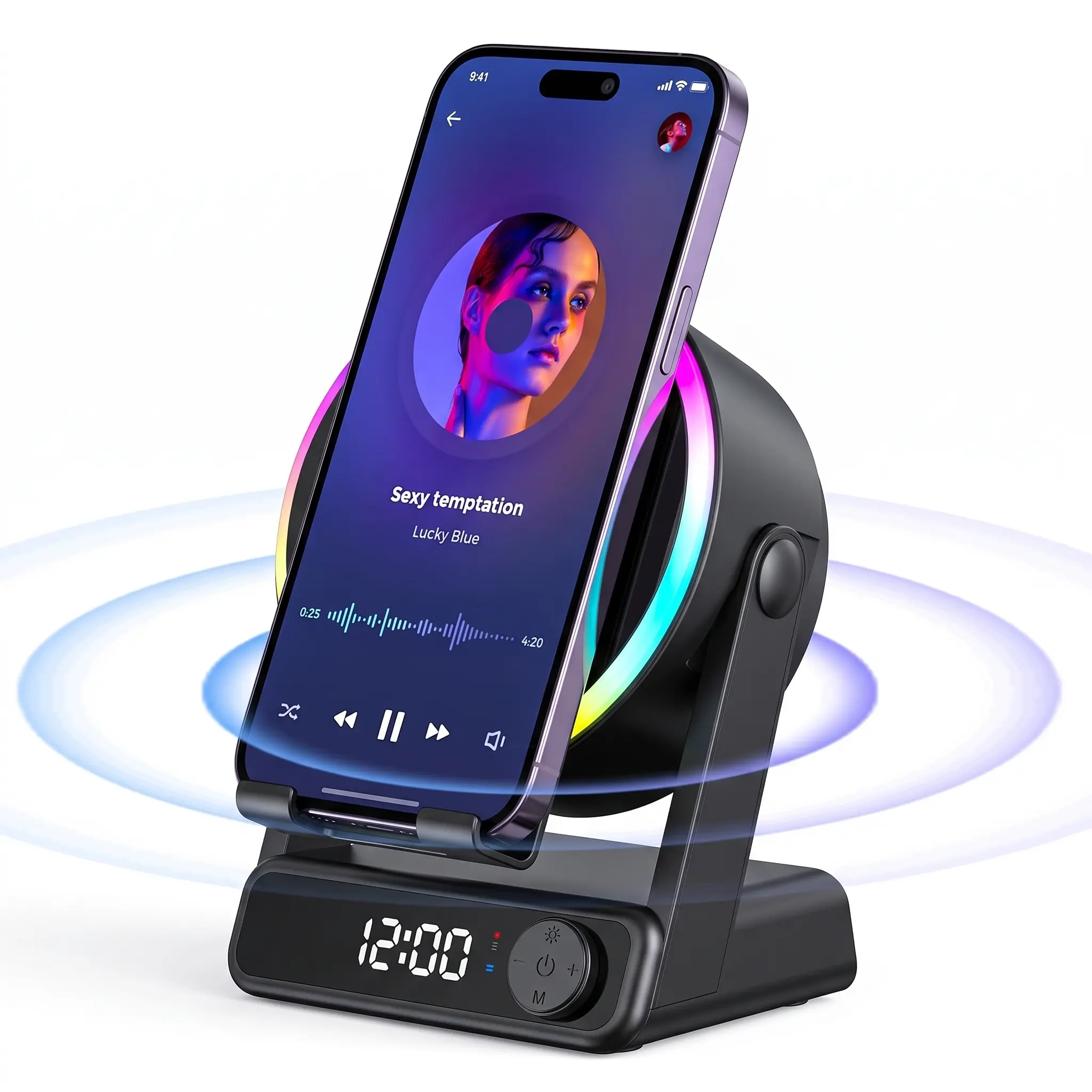 MFHHFM 5-in-1 Wireless Induction Audio Speaker Stand - 360° Adjustable Cellphone/Tablets Holder, 3500mAh Rechargeable Emergency Power Bank, Button-Controlled Colorful LED Light, Father’s Day Gift for Women, 8-Color Rgb Light Show