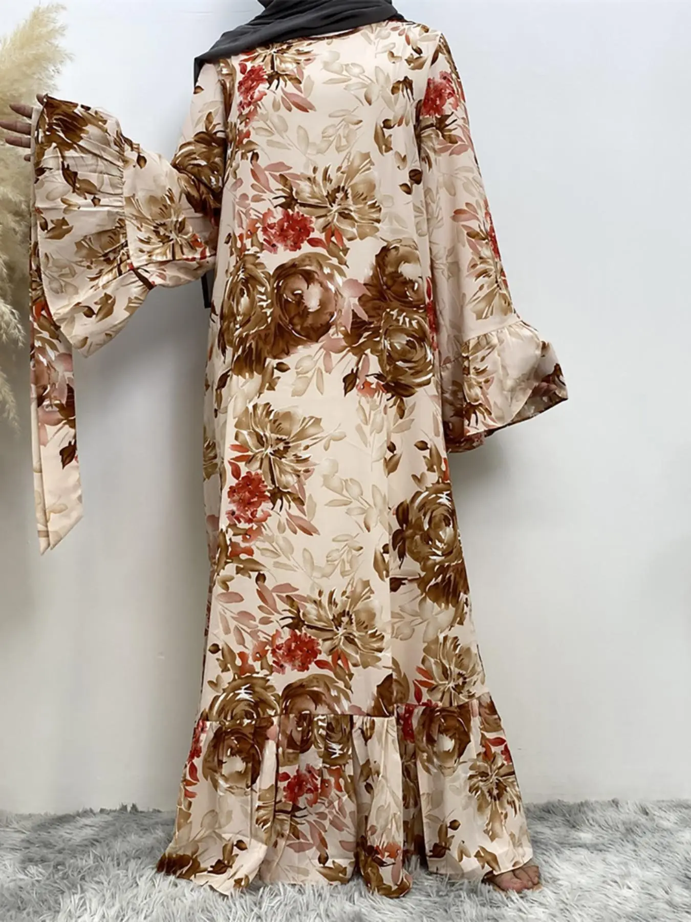 Women's Floral Print Belted Ruffle Hem Flounce Sleeve Dress, Modest Long Sleeve Round Neck A Line Dress for Spring & Fall, Women's Islamic Clothing fo