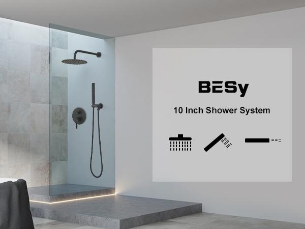 BESy Shower System with 10 Inch Round Rain Shower Head and Handheld Wall Mounted, High Pressure Rainfall Shower Faucet Fixture Combo Set with 2 in 1 Handheld Showerhead for Bathroom, Matte Black wall mount rain shower