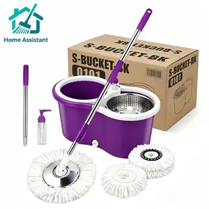 Spin Mop And Bucket With Wringer Set, 360° Mop And Bucket System With 3 Microfiber Mop Refills And 61" Extended Handle For Floor Cleaning（Purple） Plastic Rubber Stainless Steel Adjustable
