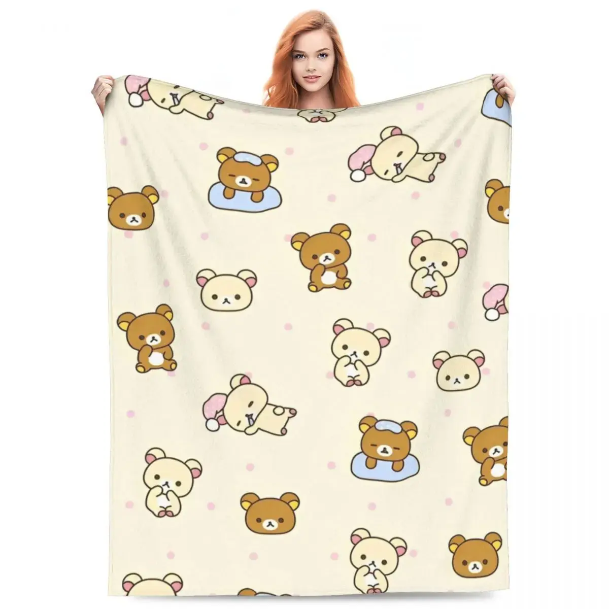 Rilakkuma Cartoon Flannel Throw Blanket, Warm Soft Furnishing for Home Decor, Airplane Travel Use