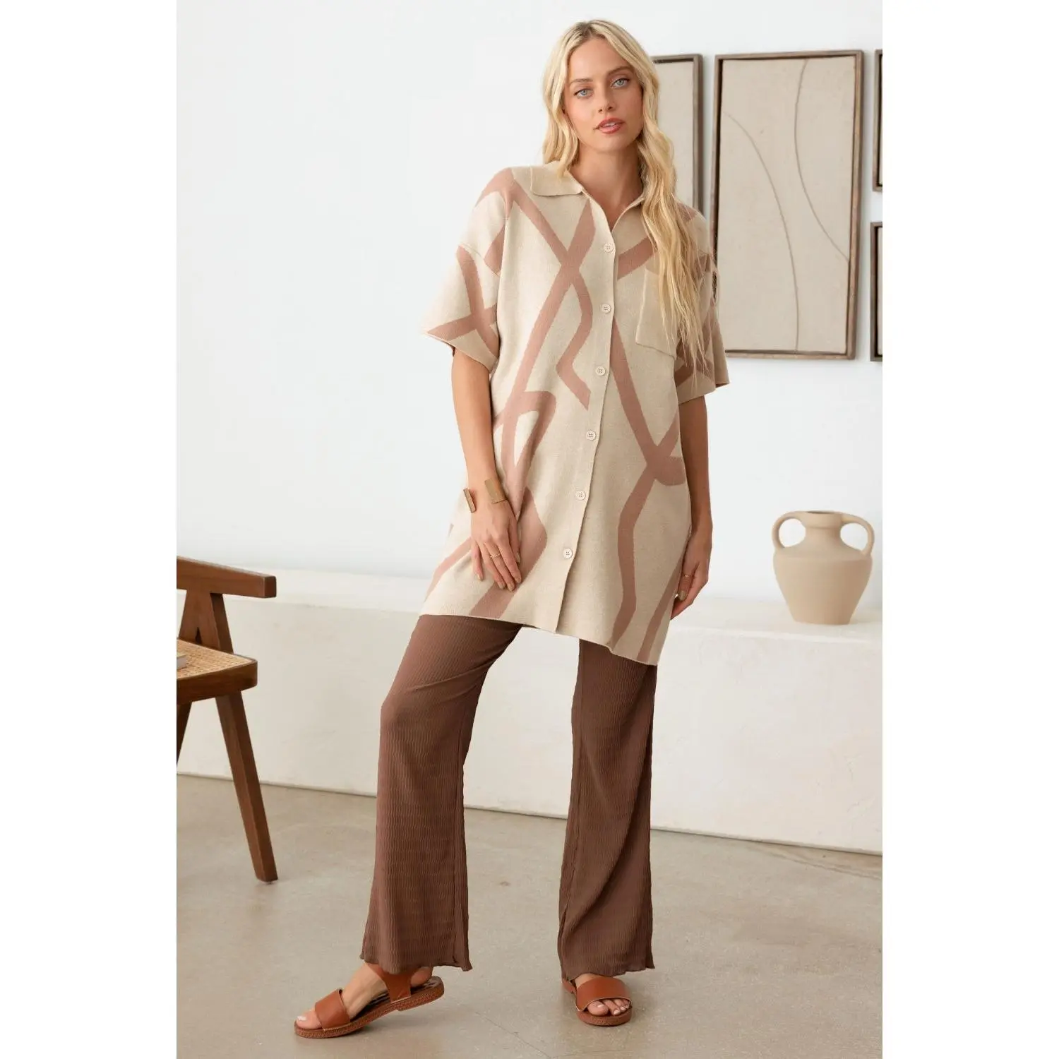 Tasha Apparel Abstract Collared Button Down Sweater Dress