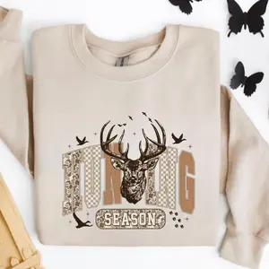 Hunting Season Sweatshirt – Retro Deer Head Design With Camo And Checker Print , Perfect For Hunters And Outdoor Lovers , Cozy Fall Pullover , Rustic Country Style Hoodie Alternative Crewneck Printed Casual Everyday